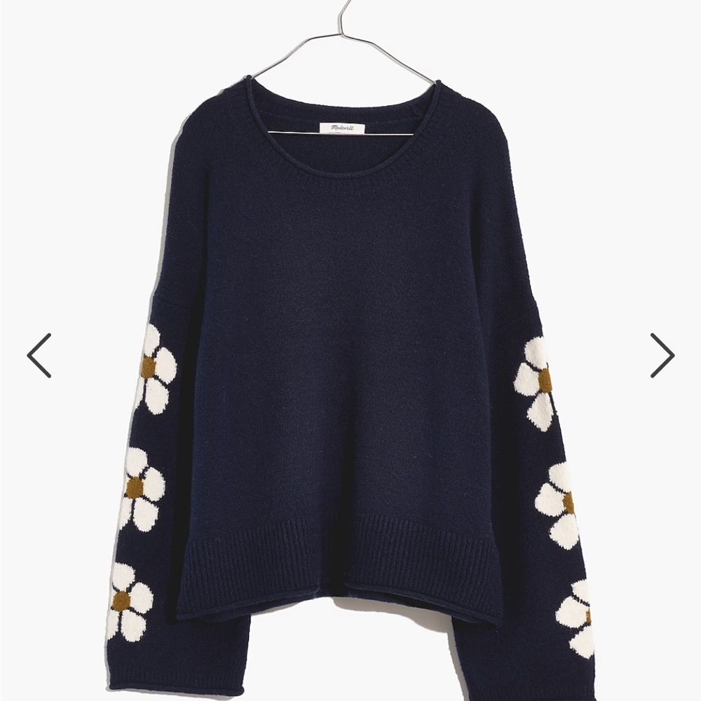 Belmore Floral-Sleeve Pullover Sweater in Coziest Textured Yarn